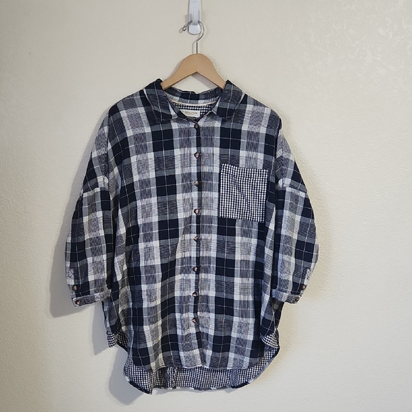 ANTHROPOLOGIE Pilcro The Bo Boyfriend Flannel Gingham Navy Blue Shirt | Size M/L - Picture 3 of 11
